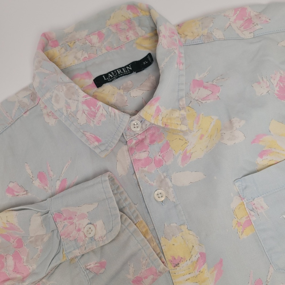 Lauren Ralph Lauren Floral Shirt Womens XL Blue Pink Cotton Tunic Excellent